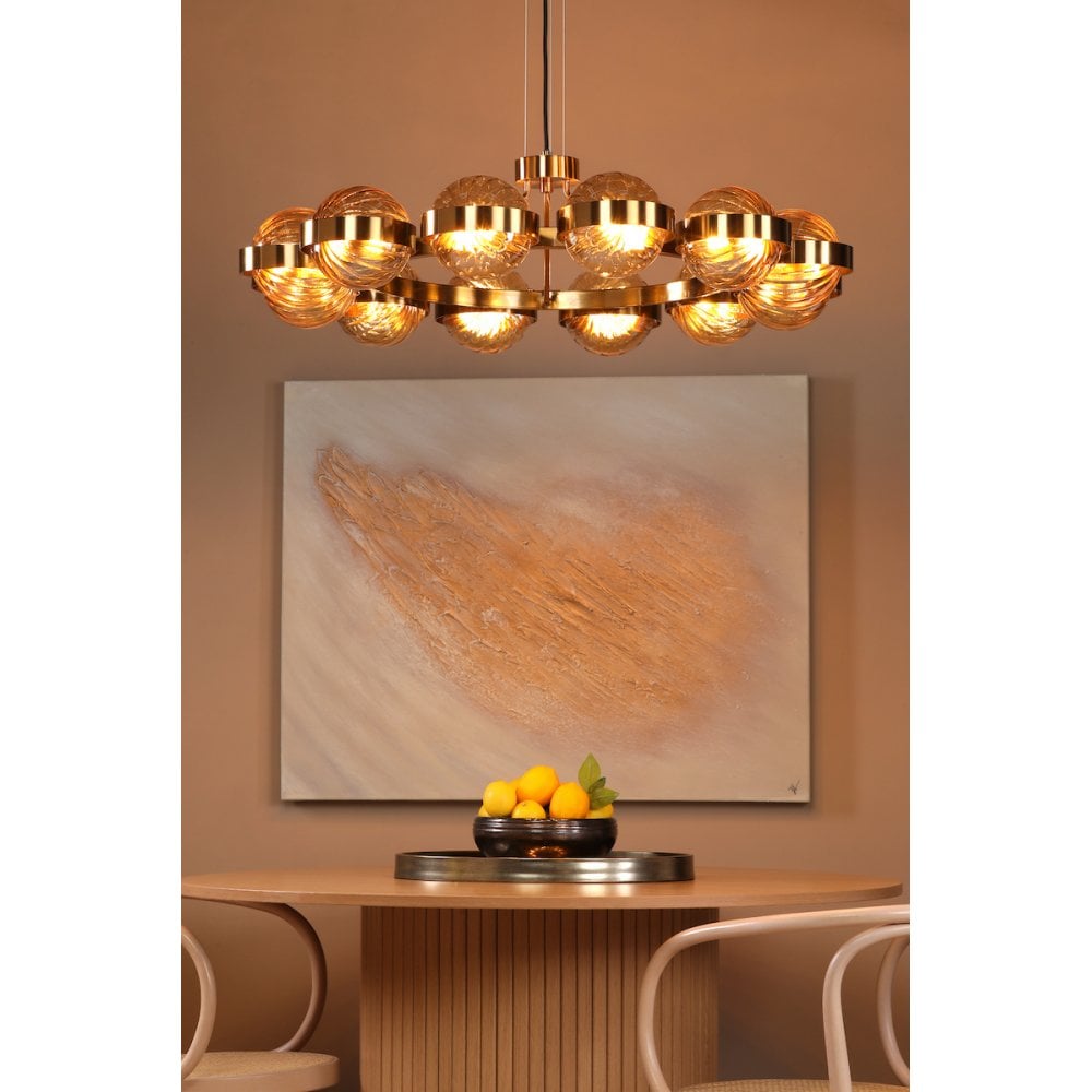 Dar OPH1235 Ophira 12 Light Pendant Antique Gold and Amber Ribbed Glass