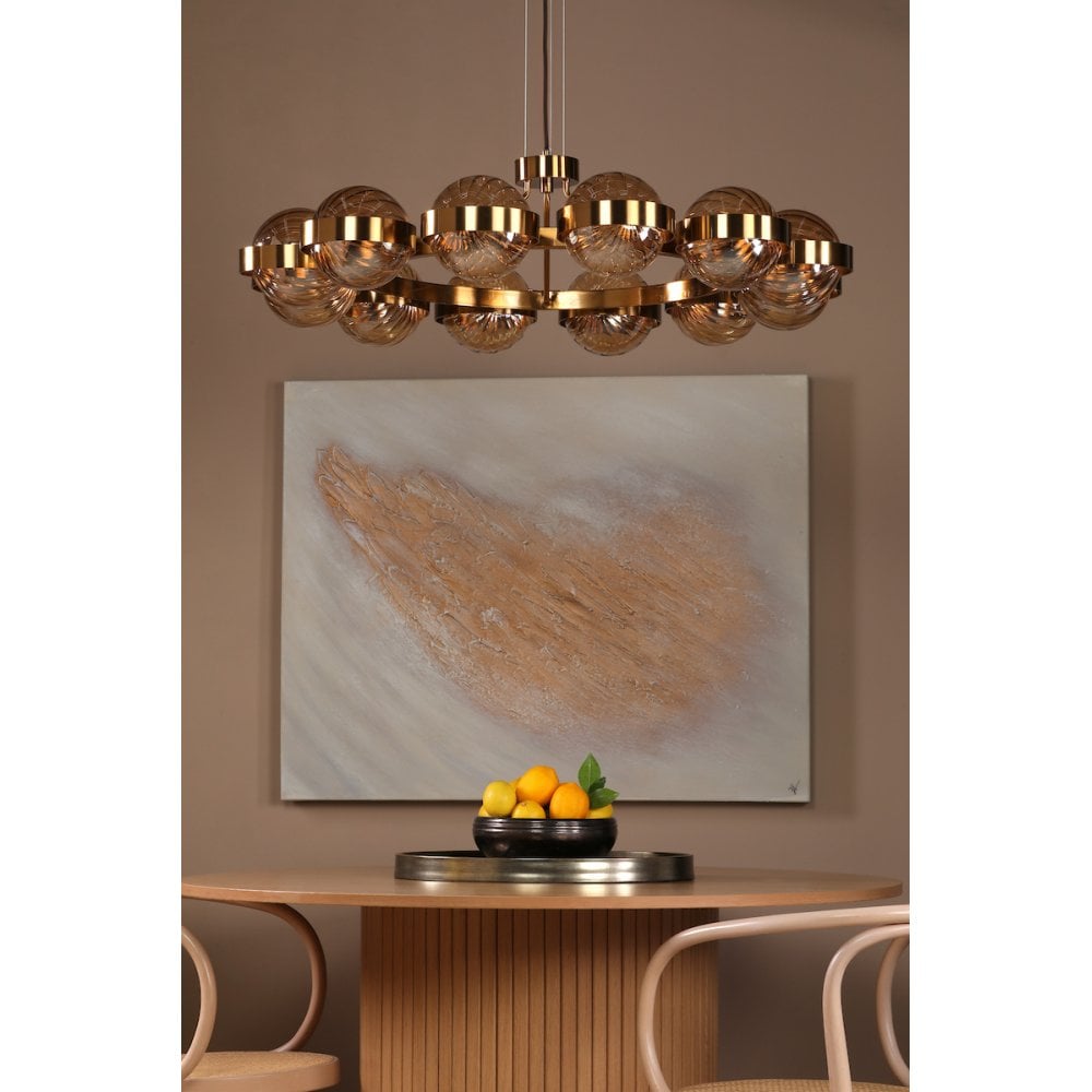 Dar OPH1235 Ophira 12 Light Pendant Antique Gold and Amber Ribbed Glass