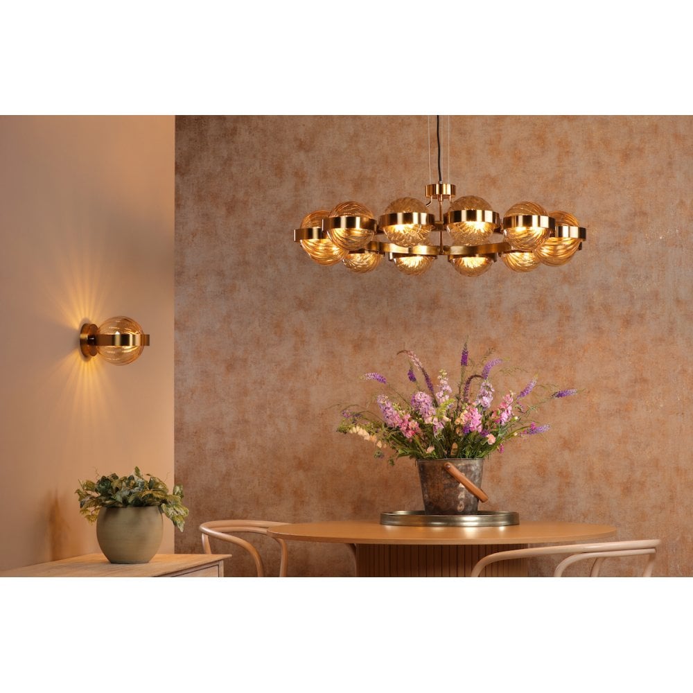 Dar OPH1235 Ophira 12 Light Pendant Antique Gold and Amber Ribbed Glass