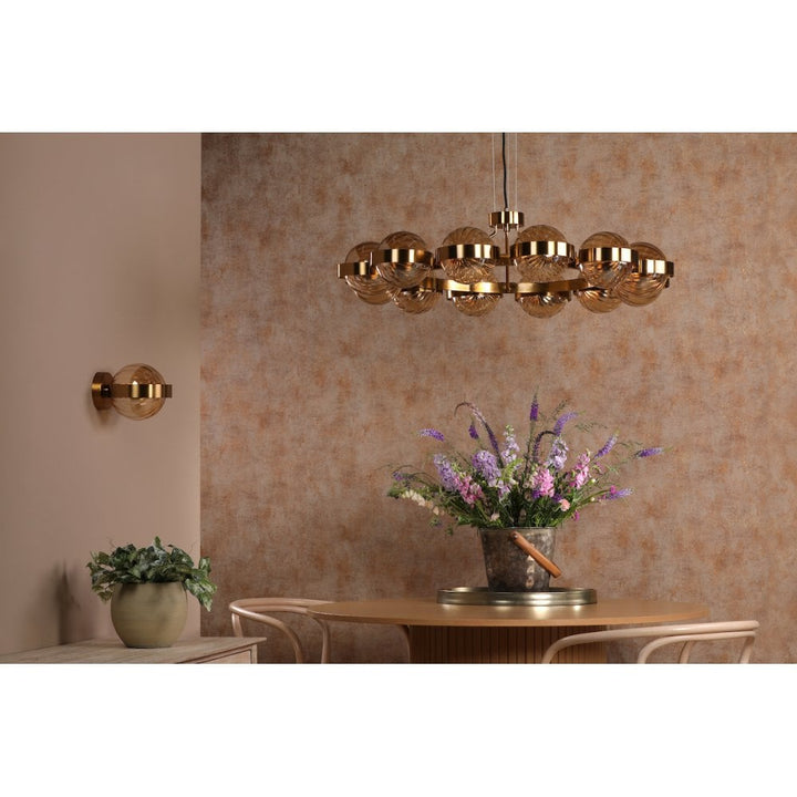Dar OPH1235 Ophira 12 Light Pendant Antique Gold and Amber Ribbed Glass
