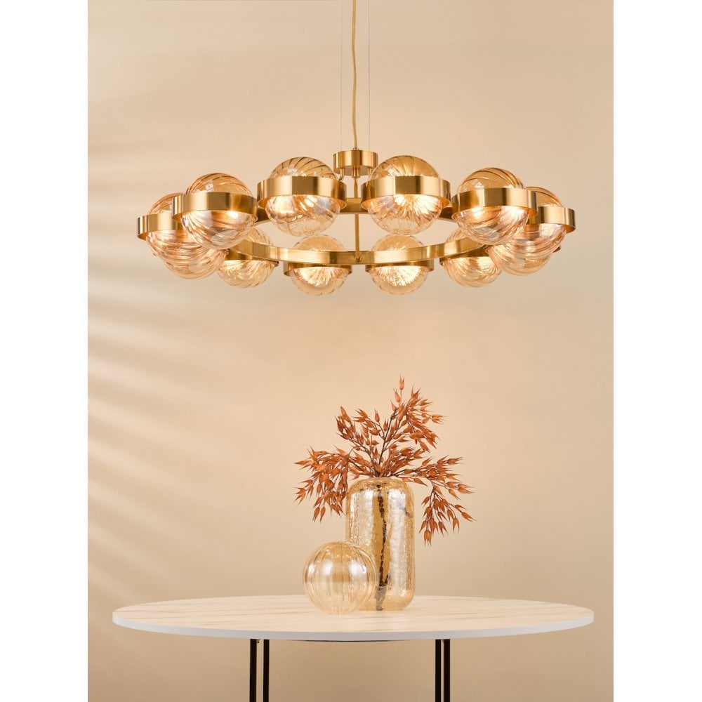 Dar OPH1235 Ophira 12 Light Pendant Antique Gold and Amber Ribbed Glass