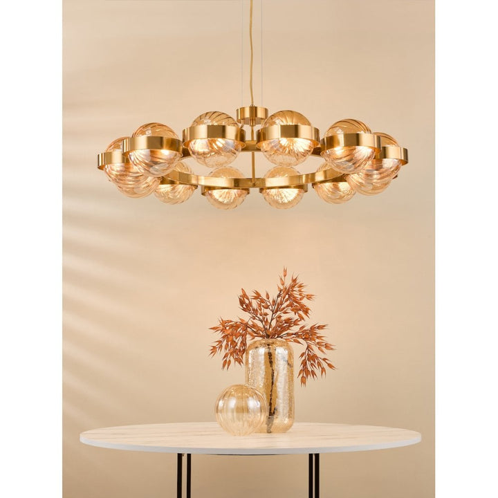 Dar OPH1235 Ophira 12 Light Pendant Antique Gold and Amber Ribbed Glass