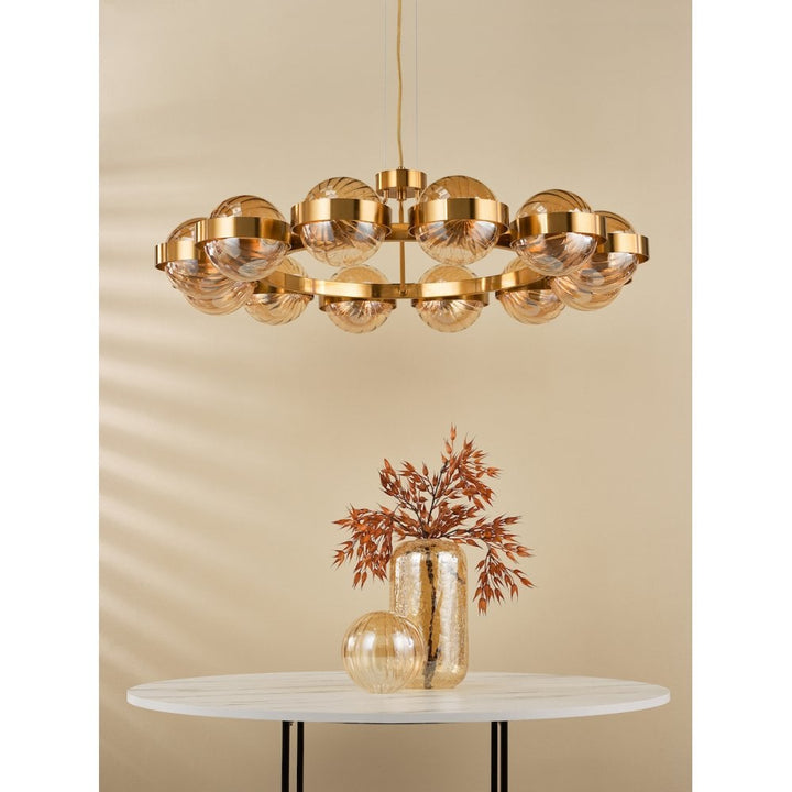 Dar OPH1235 Ophira 12 Light Pendant Antique Gold and Amber Ribbed Glass