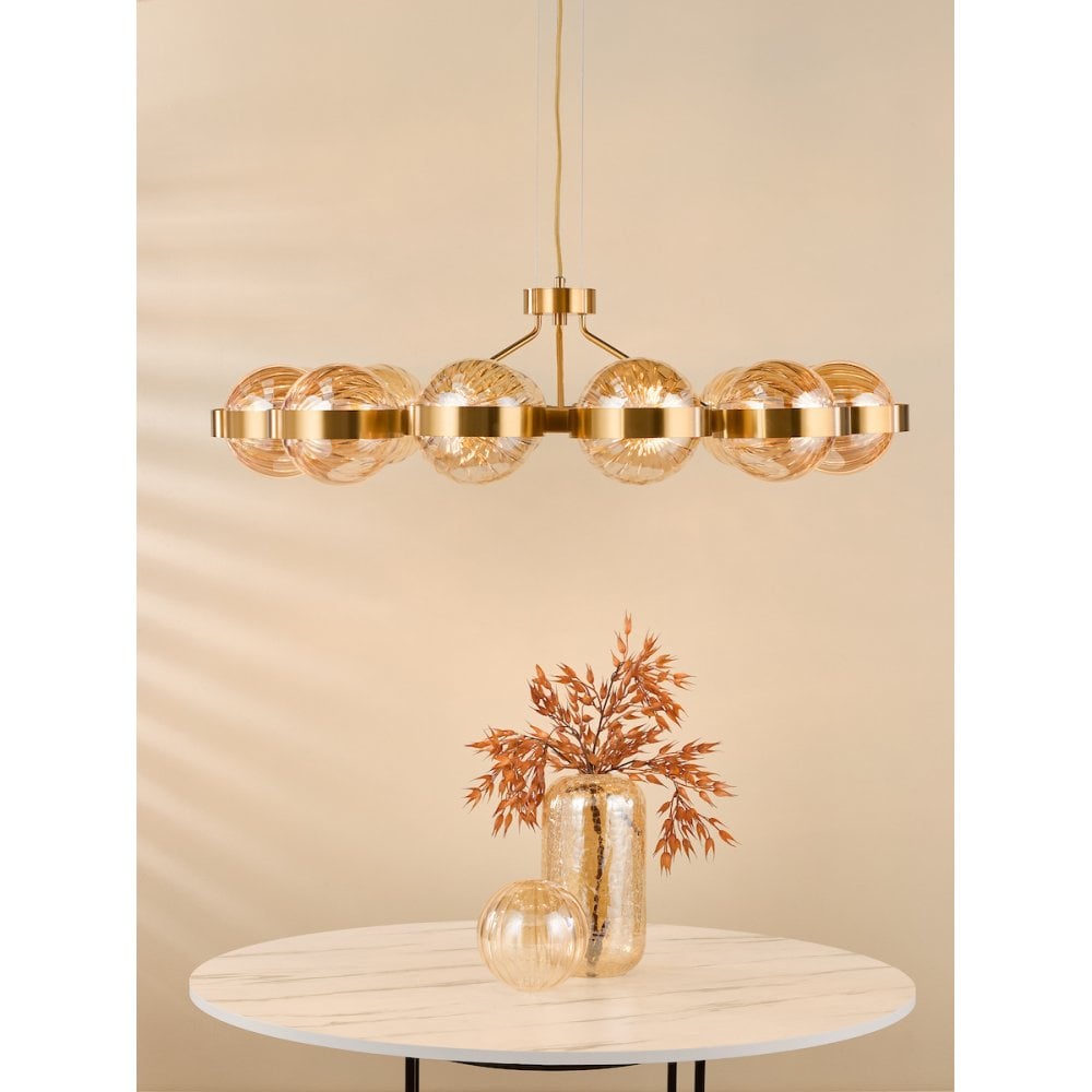 Dar OPH1235 Ophira 12 Light Pendant Antique Gold and Amber Ribbed Glass