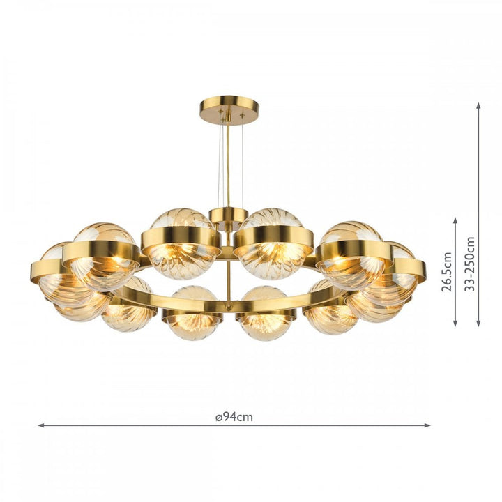Dar OPH1235 Ophira 12 Light Pendant Antique Gold and Amber Ribbed Glass