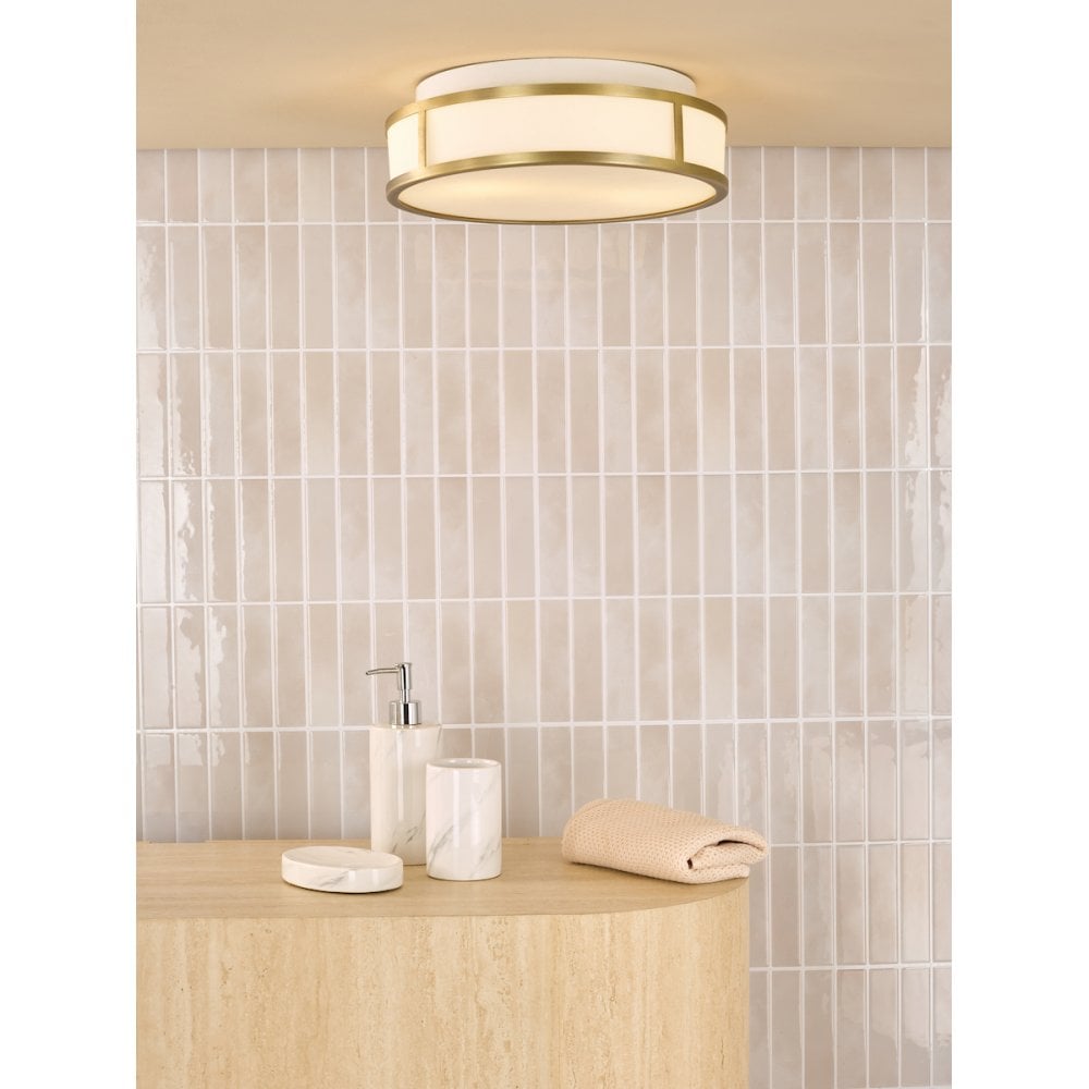 Dar ROY5075 Royce 2 Light Bathroom Flush Matt Antique Brass and Opal Glass IP44