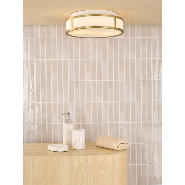 Dar ROY5075 Royce 2 Light Bathroom Flush Matt Antique Brass and Opal Glass IP44