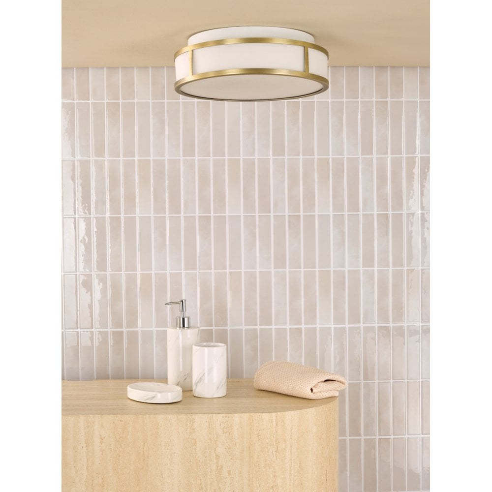 Dar ROY5075 Royce 2 Light Bathroom Flush Matt Antique Brass and Opal Glass IP44