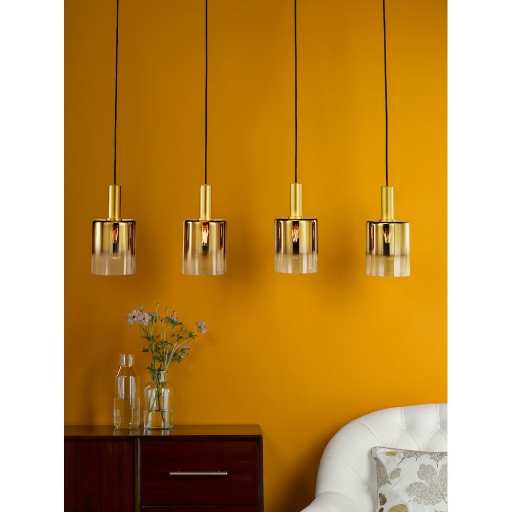 Dar SAV0435 Savannah 4 Light Bar Pendant Satin Gold and Gold Ombre Glass