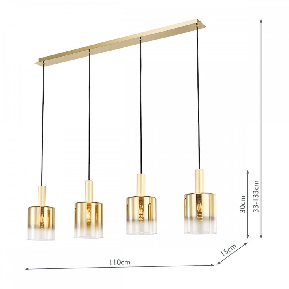 Dar SAV0435 Savannah 4 Light Bar Pendant Satin Gold and Gold Ombre Glass