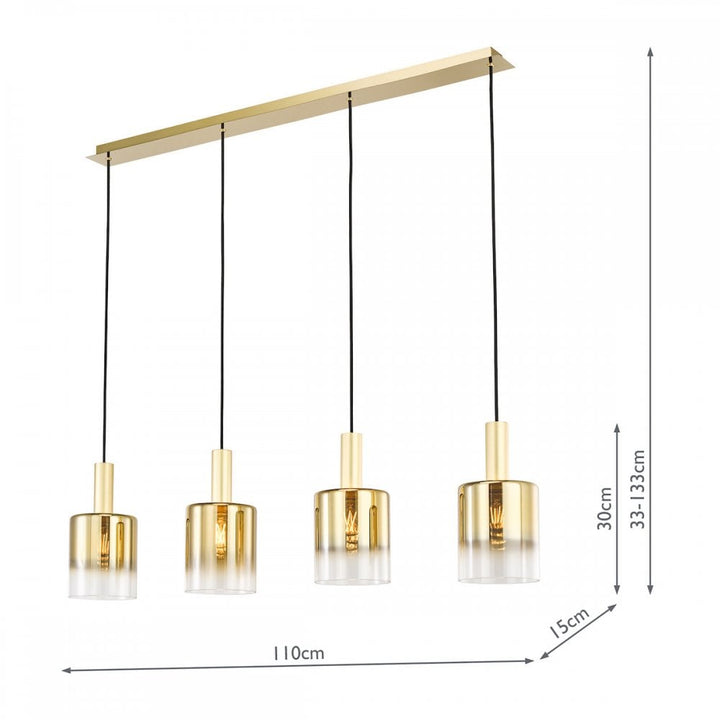 Dar SAV0435 Savannah 4 Light Bar Pendant Satin Gold and Gold Ombre Glass