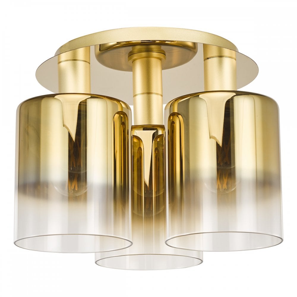 Dar SAV5335 Savannah 3 Light Flush Satin Gold and Gold Ombre Glass