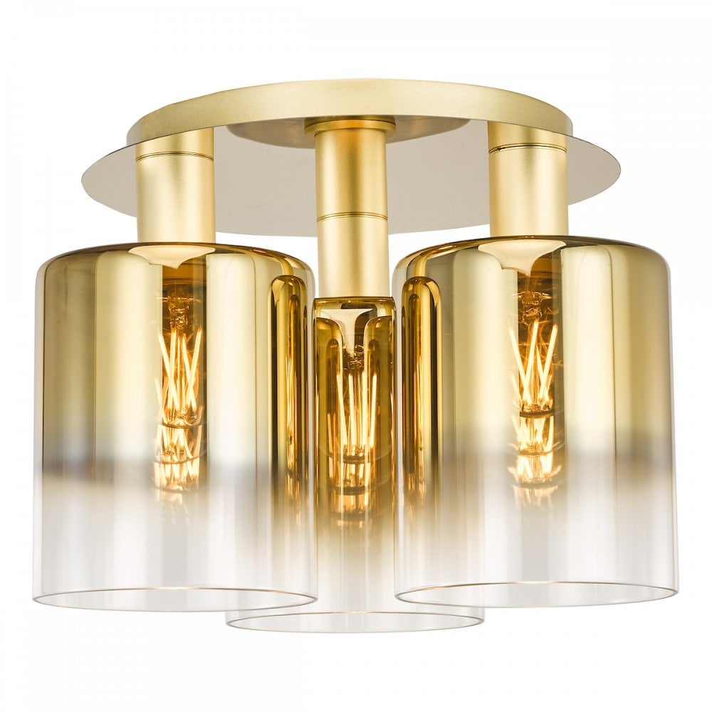 Dar SAV5335 Savannah 3 Light Flush Satin Gold and Gold Ombre Glass