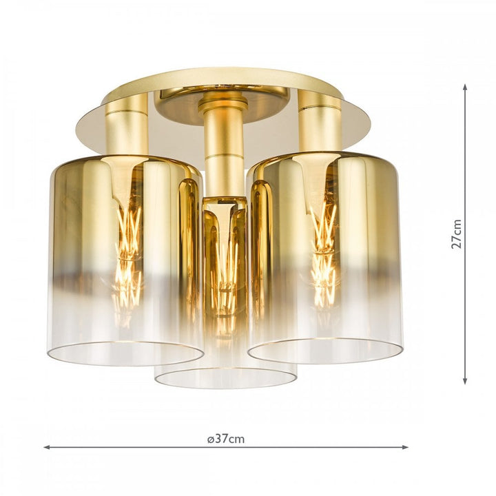 Dar SAV5335 Savannah 3 Light Flush Satin Gold and Gold Ombre Glass