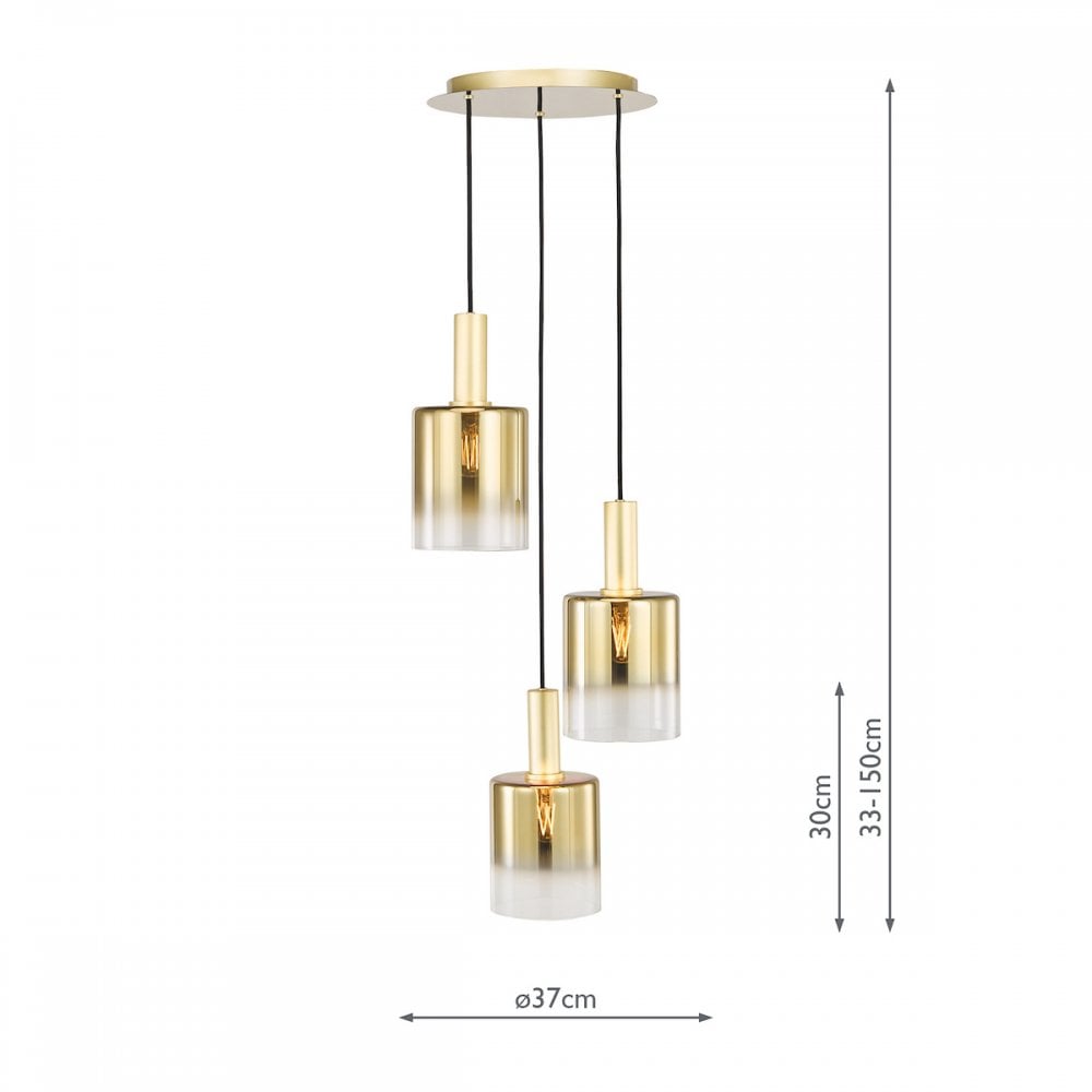 Dar SAV8835 Savannah 3 Light Cluster Pendant Satin Gold and Gold Ombre Glass