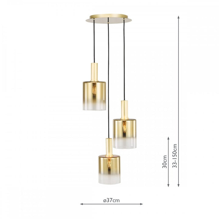 Dar SAV8835 Savannah 3 Light Cluster Pendant Satin Gold and Gold Ombre Glass