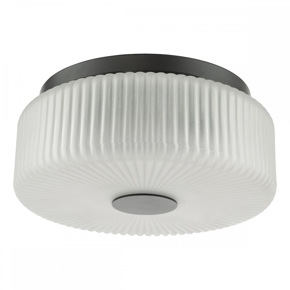 Dar TWY5222 Twyman 3 Light Flush Satin Black and White Ribbed Glass IP44