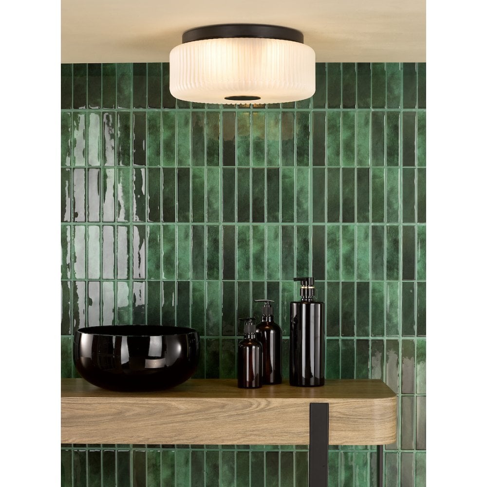 Dar TWY5222 Twyman 3 Light Flush Satin Black and White Ribbed Glass IP44