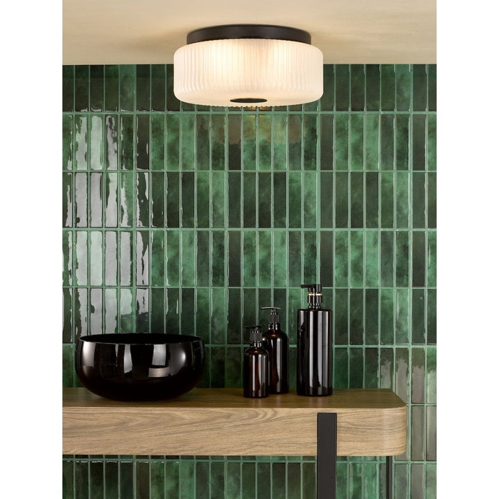 Dar TWY5222 Twyman 3 Light Flush Satin Black and White Ribbed Glass IP44
