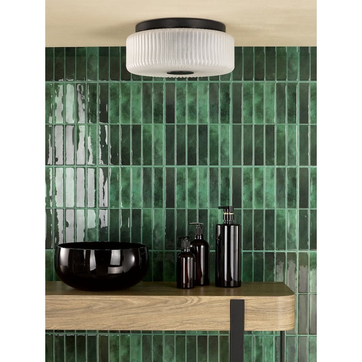 Dar TWY5222 Twyman 3 Light Flush Satin Black and White Ribbed Glass IP44