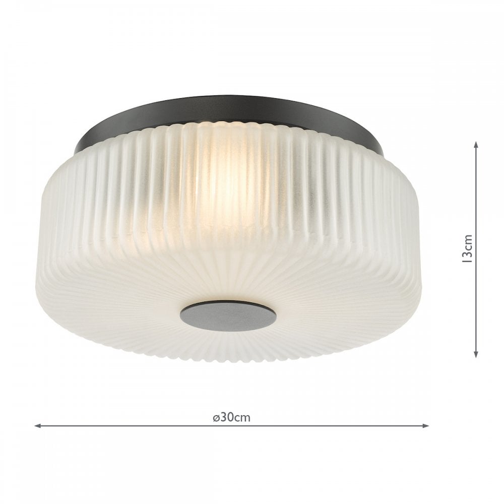 Dar TWY5222 Twyman 3 Light Flush Satin Black and White Ribbed Glass IP44 (S)