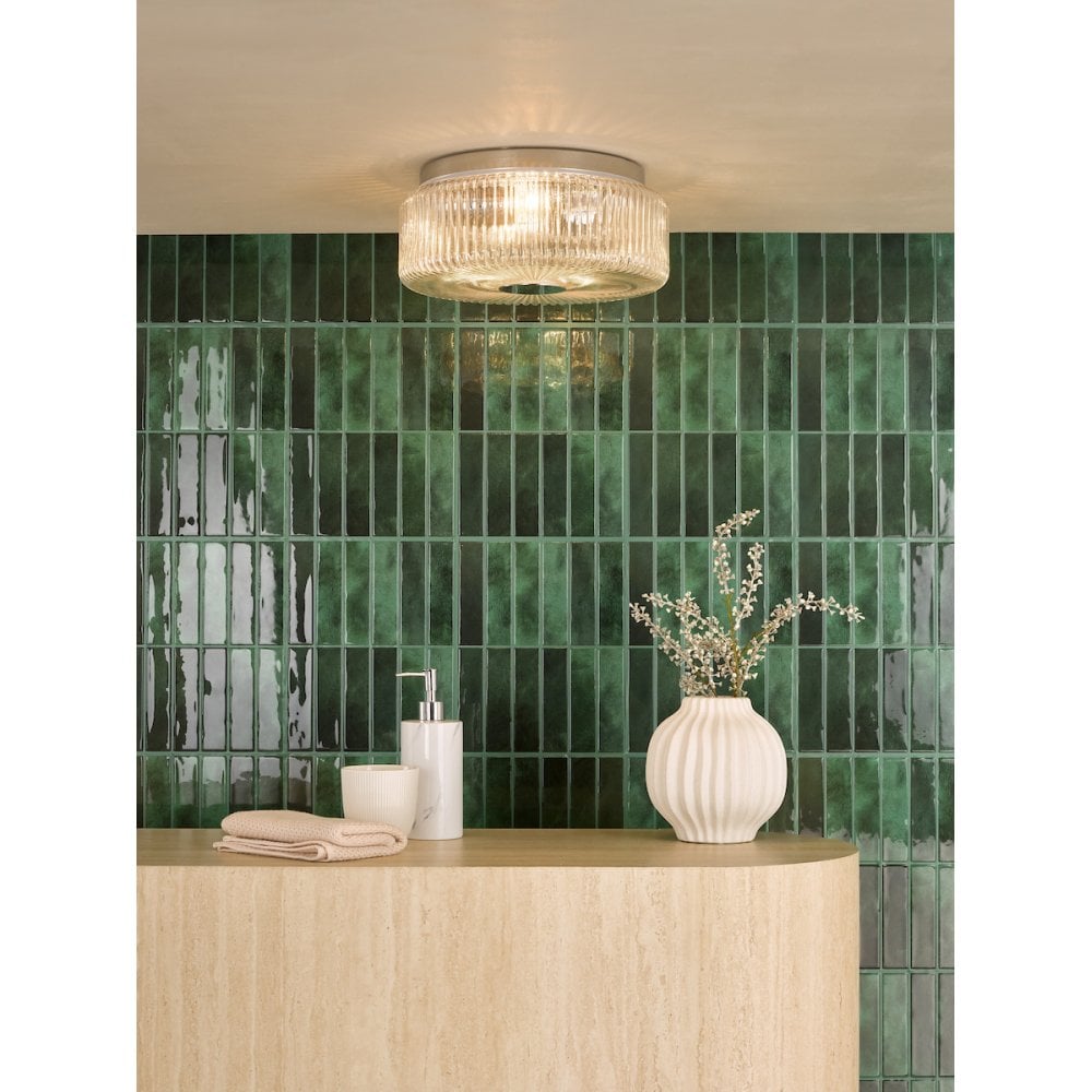 Dar TWY5250 Twyman 3 Light Flush Polished Chrome and Ribbed Glass IP44