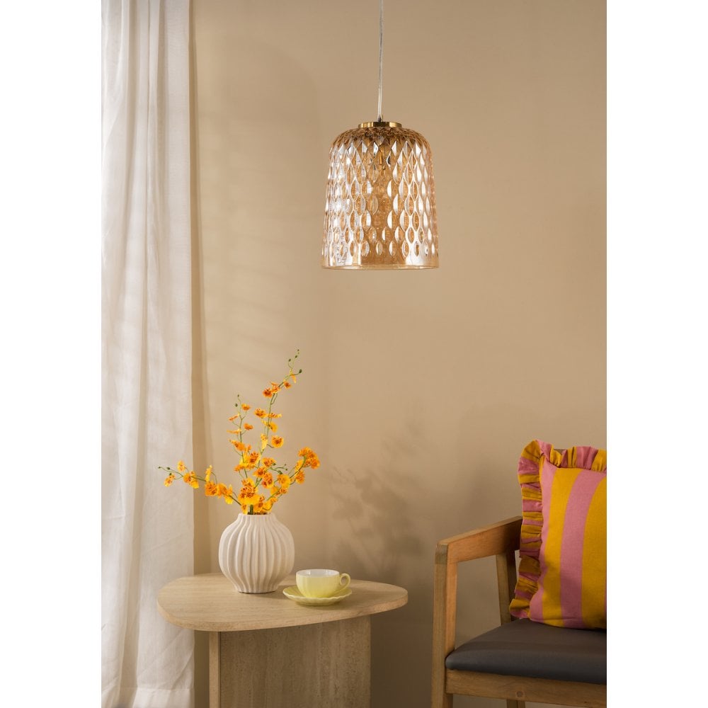 Dar VAR0120 Varius Pendant Natural Brass and Amber Glass