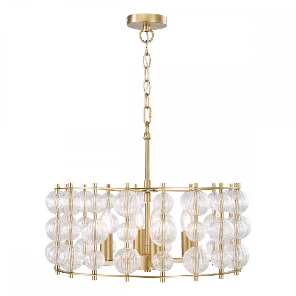 Dar YUR0435 Yuridia 4 Light Pendant Satin Gold and Ribbed Glass