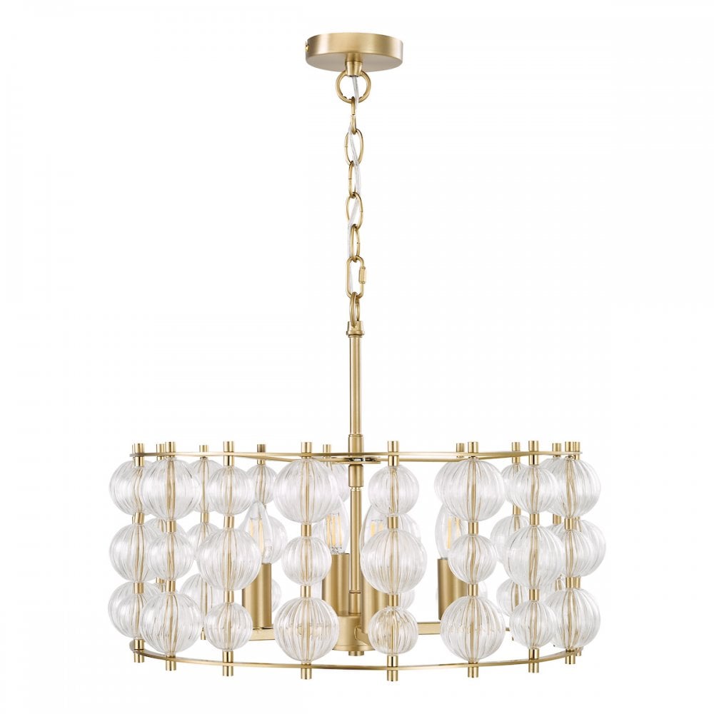 Dar YUR0435 Yuridia 4 Light Pendant Satin Gold and Ribbed Glass