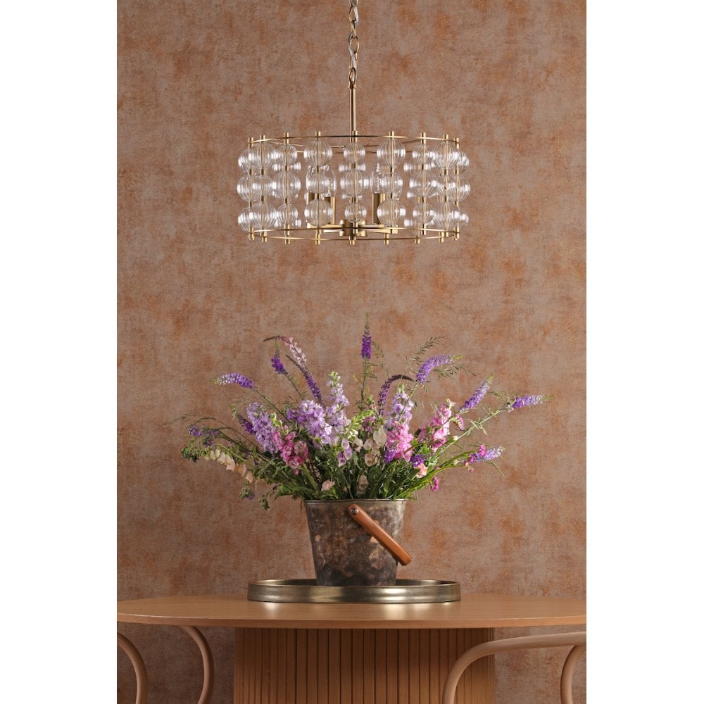 Dar YUR0435 Yuridia 4 Light Pendant Satin Gold and Ribbed Glass