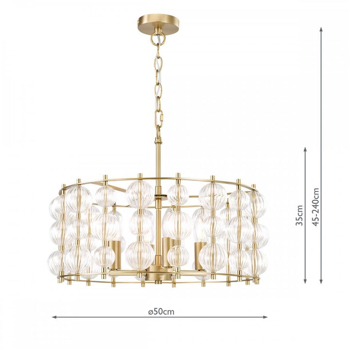 Dar YUR0435 Yuridia 4 Light Pendant Satin Gold and Ribbed Glass