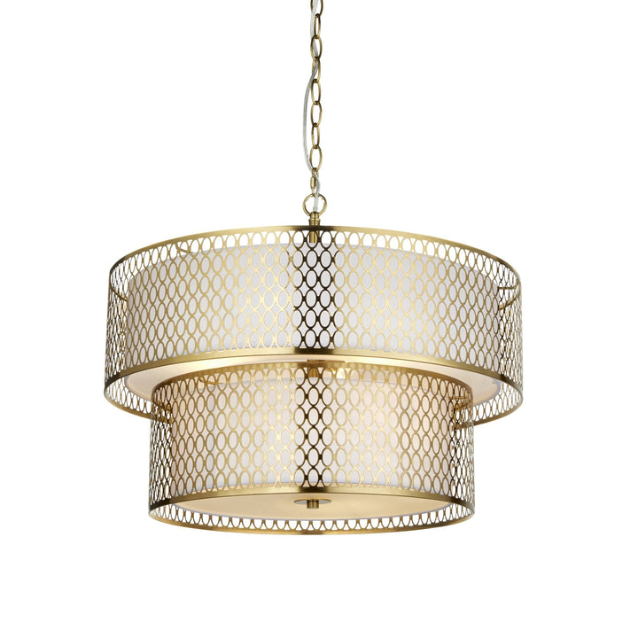 Endon 113420 Cordero 6 Light Tiered Pendant Gold Effect Plate, White Fabric & Frosted Glass