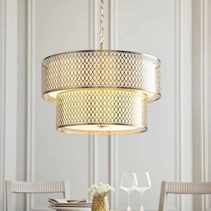 Endon 113420 Cordero 6 Light Tiered Pendant Gold Effect Plate, White Fabric & Frosted Glass