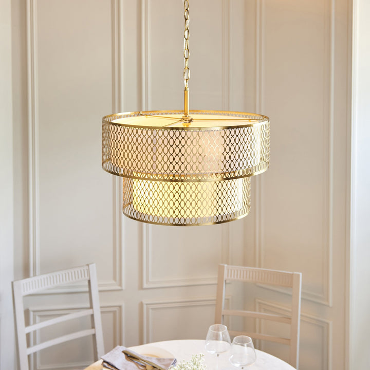 Endon 113420 Cordero 6 Light Tiered Pendant Gold Effect Plate, White Fabric & Frosted Glass