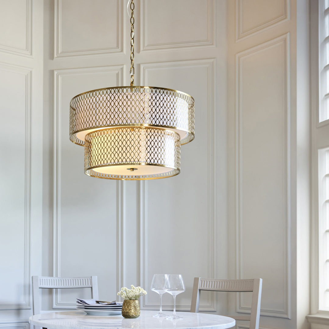 Endon 113420 Cordero 6 Light Tiered Pendant Gold Effect Plate, White Fabric & Frosted Glass