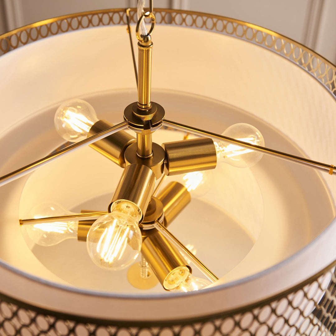 Endon 113420 Cordero 6 Light Tiered Pendant Gold Effect Plate, White Fabric & Frosted Glass