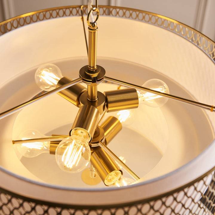 Endon 113420 Cordero 6 Light Tiered Pendant Gold Effect Plate, White Fabric & Frosted Glass