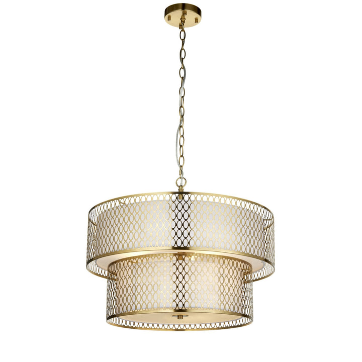 Endon 113420 Cordero 6 Light Tiered Pendant Gold Effect Plate, White Fabric & Frosted Glass