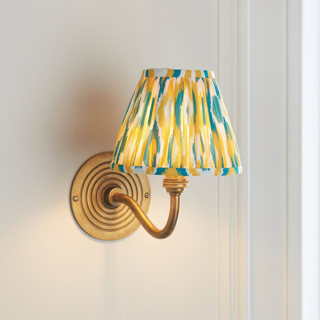 Endon 114099 Ripple Curve & Ikat 16cm Wall Light Antique Brass With Yellow & Jade Fabric