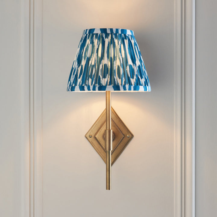 Endon 114162 Diamond Tall & Ikat 20cm Wall Light Antique Brass & Marlin Blue Fabric