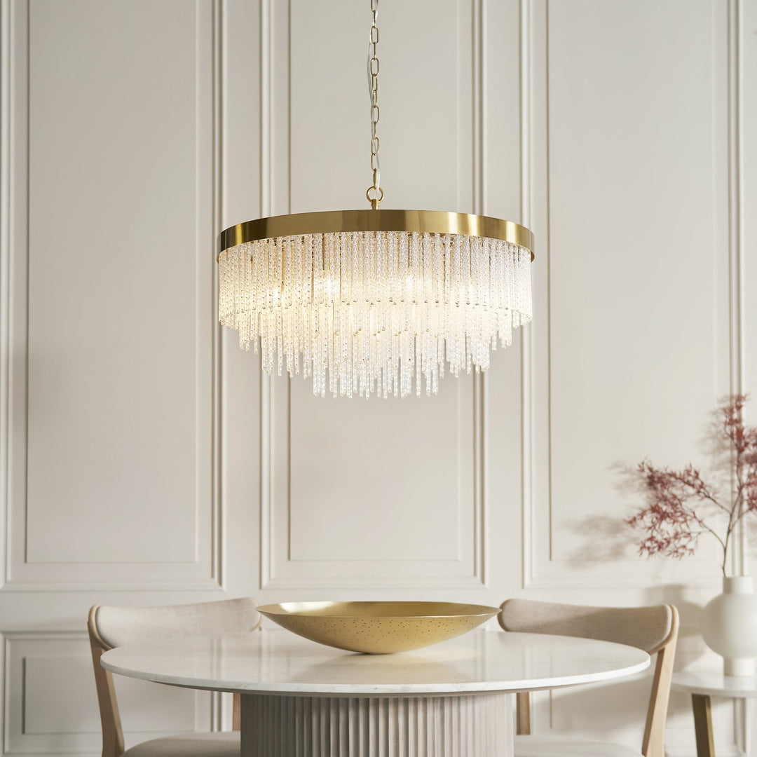 Endon 115347 Anistoria Grand 9 Light Pendant Brushed Aged Brass Plate & Clear Glass
