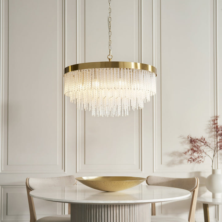 Endon 115347 Anistoria Grand 9 Light Pendant Brushed Aged Brass Plate & Clear Glass