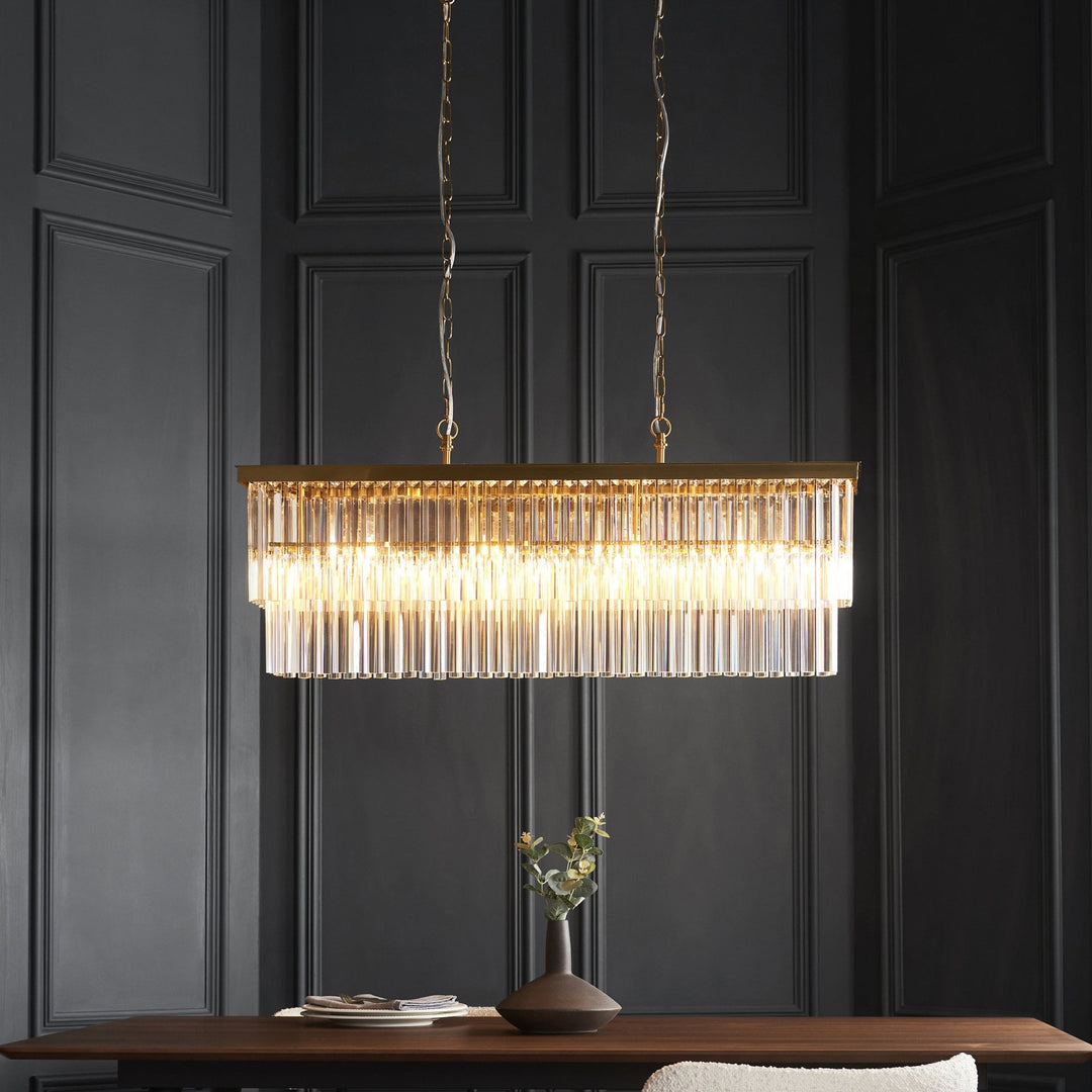 Endon 115950 Conaston 4 Light Linear Pendant Brushed Aged Brass Plate & Clear Cut Glass