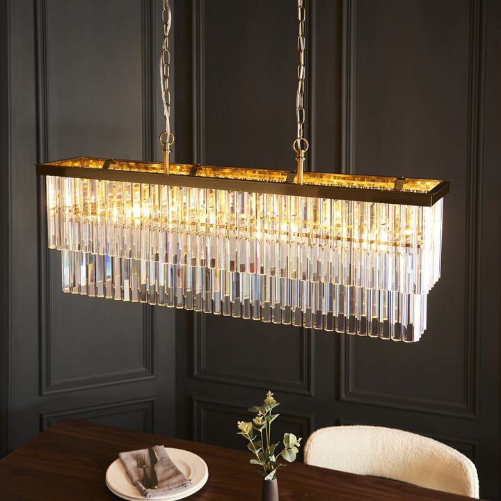 Endon 115950 Conaston 4 Light Linear Pendant Brushed Aged Brass Plate & Clear Cut Glass