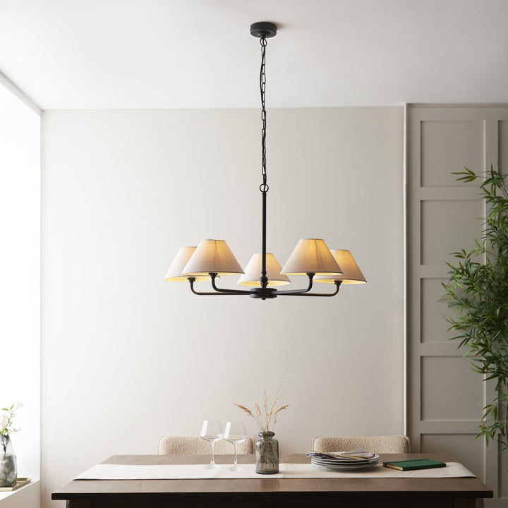 Endon 117832 Lille 5 Light Pendant Matt Black & Natural Faux Linen