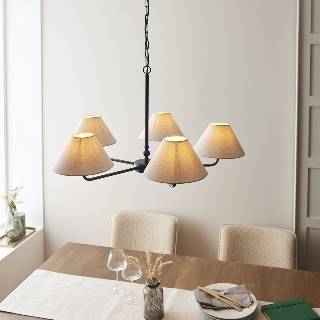 Endon 117832 Lille 5 Light Pendant Matt Black & Natural Faux Linen