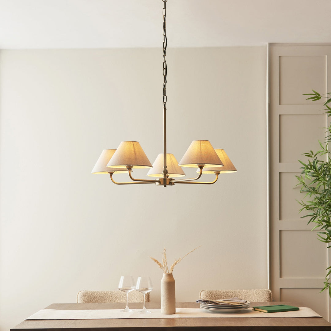 Endon 117833 Lille 5 Light Pendant Antique Brass Plate & Natural Faux Linen