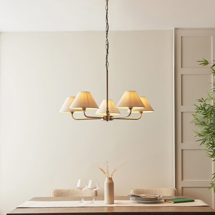 Endon 117833 Lille 5 Light Pendant Antique Brass Plate & Natural Faux Linen