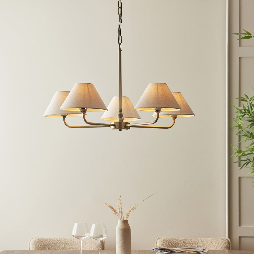 Endon 117833 Lille 5 Light Pendant Antique Brass Plate & Natural Faux Linen
