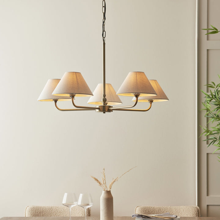 Endon 117833 Lille 5 Light Pendant Antique Brass Plate & Natural Faux Linen
